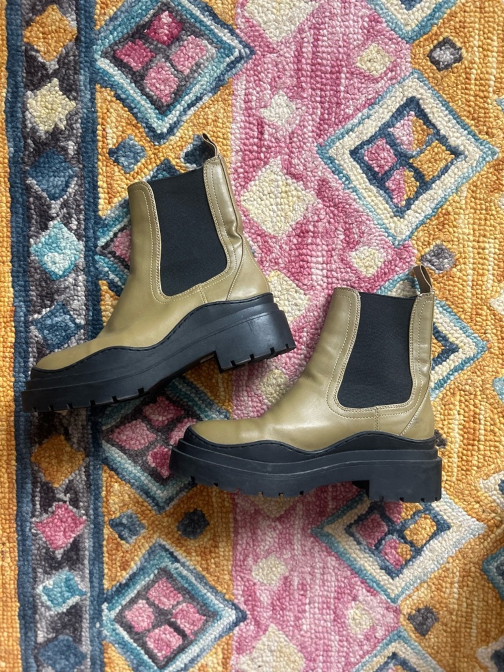 Mango Olive Green Chelsea Platform Boots with Black Elastic